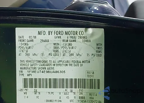 2008 Ford Explorer Eddie Bauer from USA, damaged, VIN 1FMEU74E98UA86305